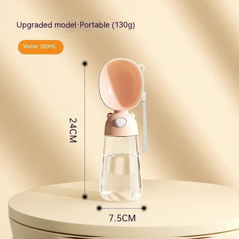 Portable dog water bottle and food container for outdoor travel, shown in yellow, pink, and brown colours.
