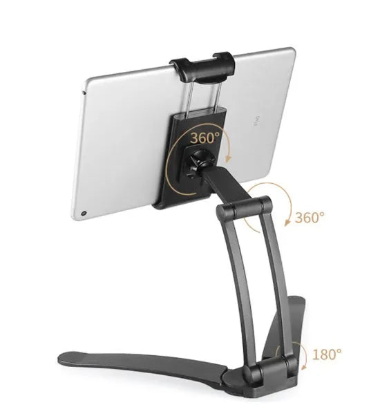 Silver aluminum alloy tablet stand with white mount holding tablet at adjustable angle