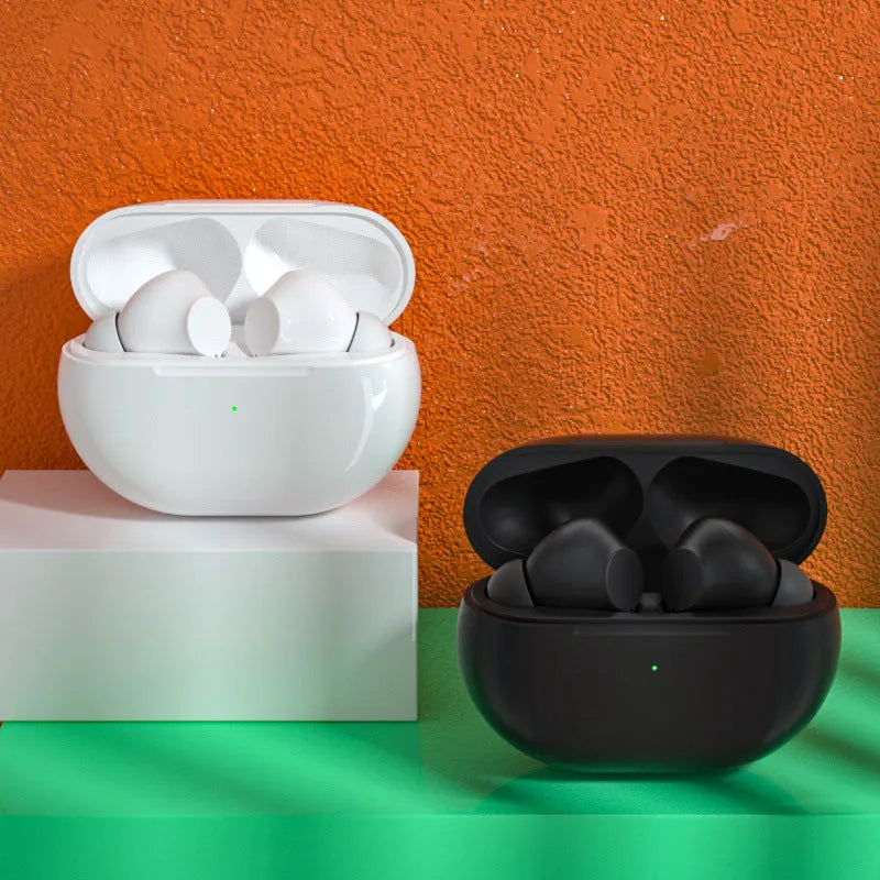 Black Pro4 Bluetooth wireless earbuds and charging case on a white background