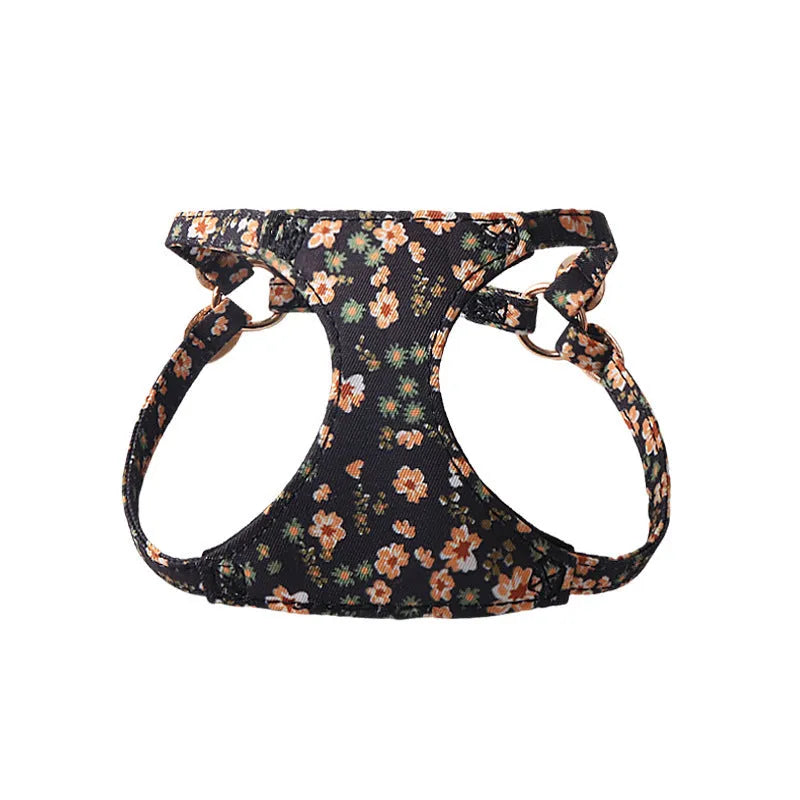 Floral patterned cloth dog harness and leash set in orange, purple, pink, black or white with red flowers design