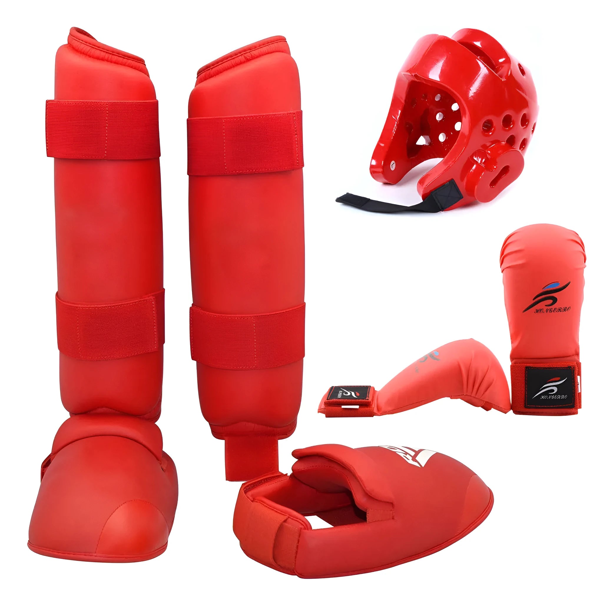 Karate Taekwondo protective gear set showing leg guard, helmet, and boxing gloves in red colour