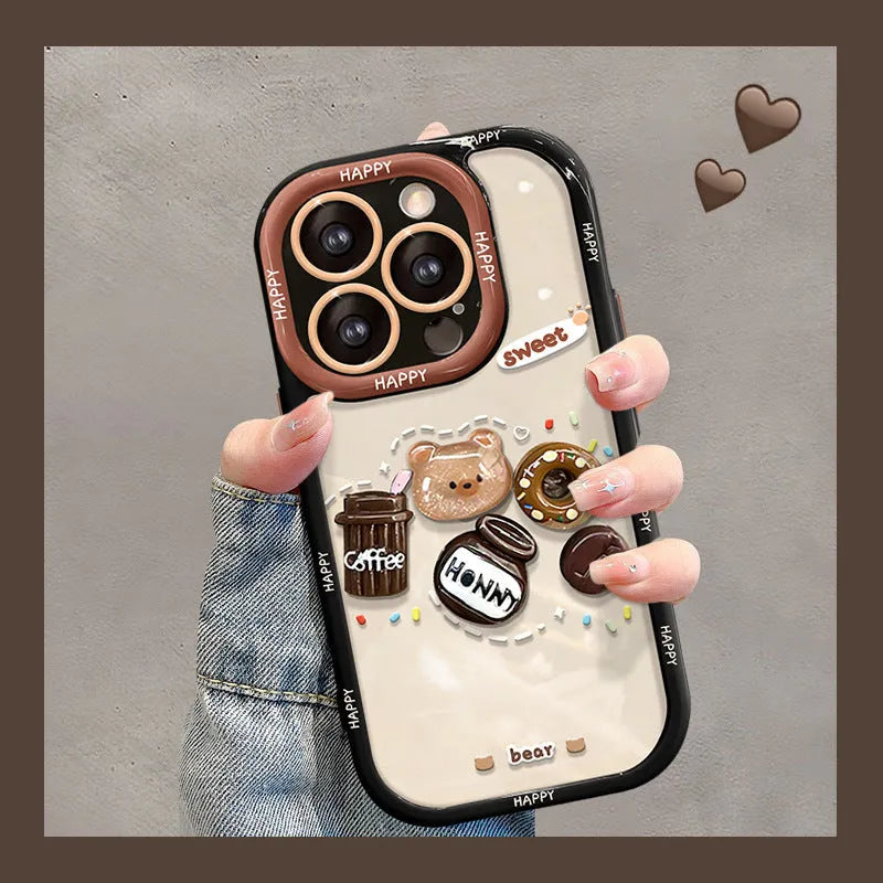 Silicone phone case with 3D coffee bear doll pendant and lanyard for Apple iPhone, cream black