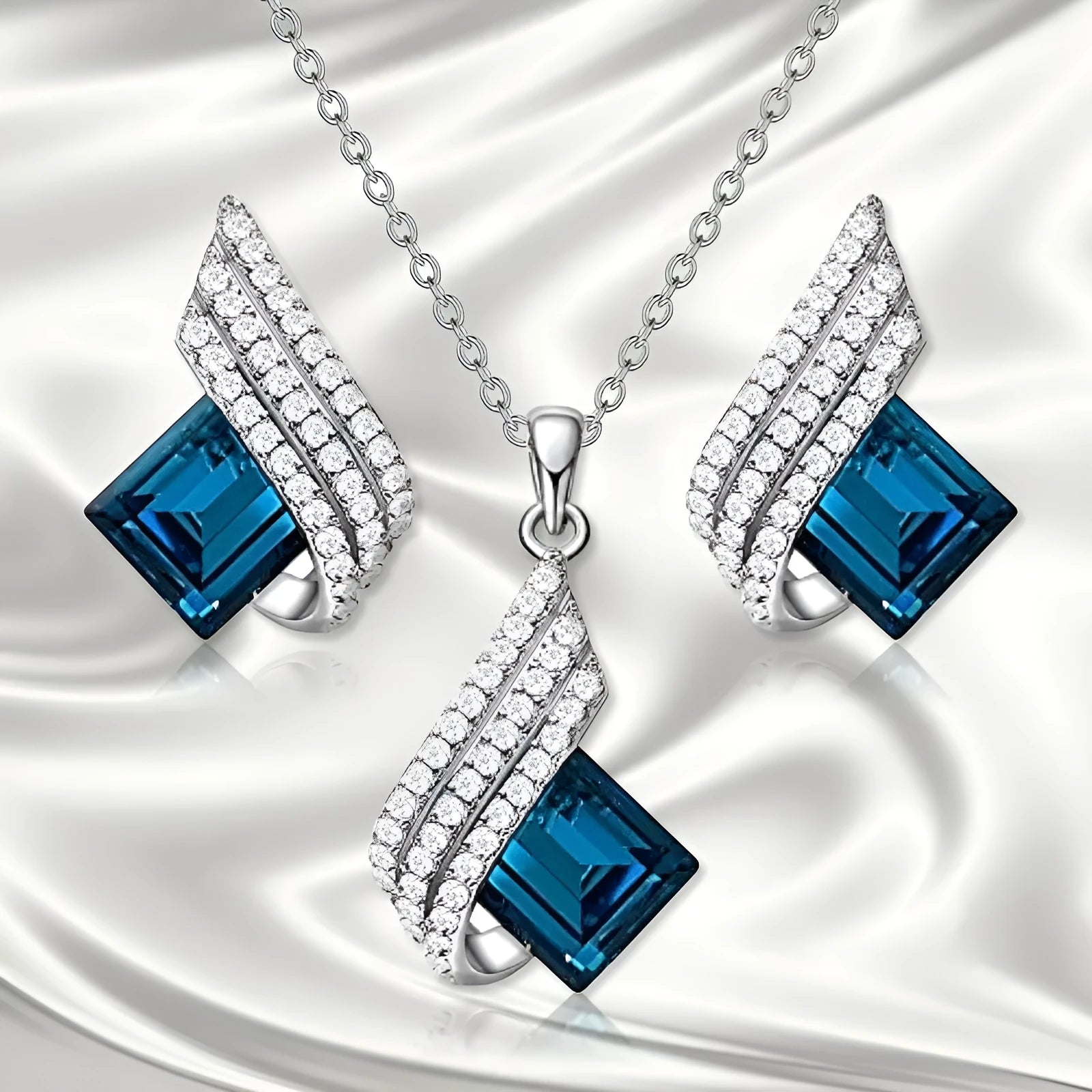Women's necklace and ear stud set with cross chain design and glass pendant jewellery