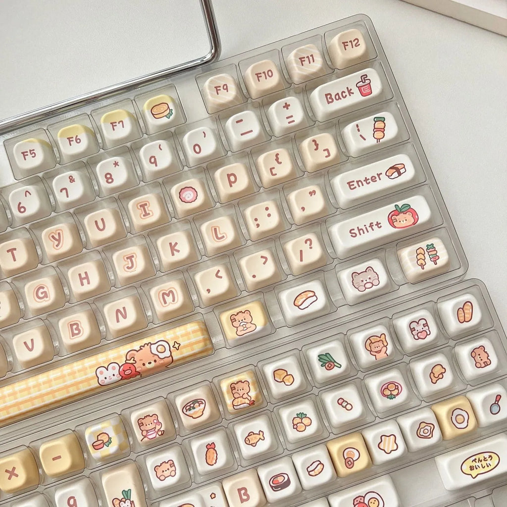 Rabbit Bear Restaurant themed PBT plastic keycaps for mechanical keyboards showing thermal sublimation printing