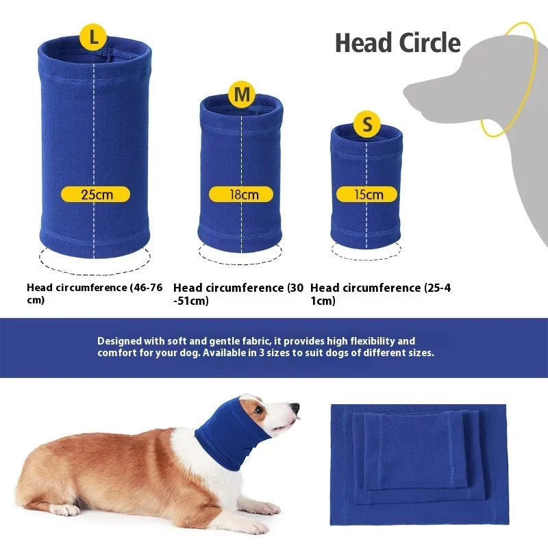 Blue and grey polyester dog comforter headband scarf shown in S, M, L sizes.