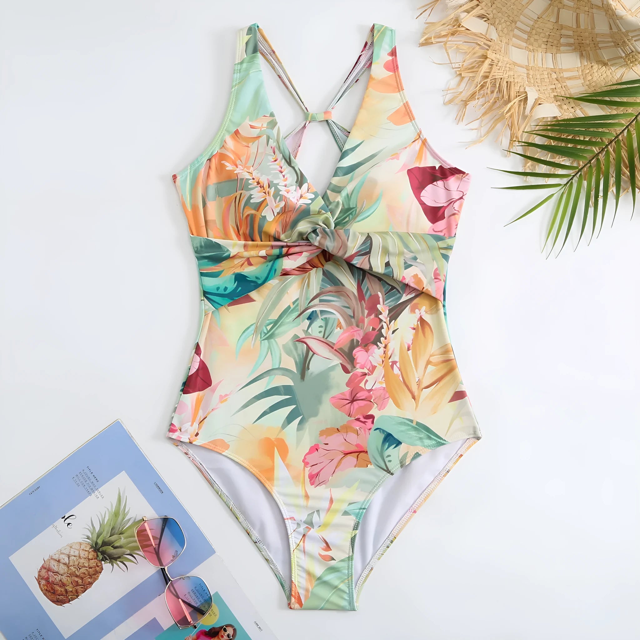 Women's conservative vintage print one-piece swimsuit with short sleeves in polyester fabric