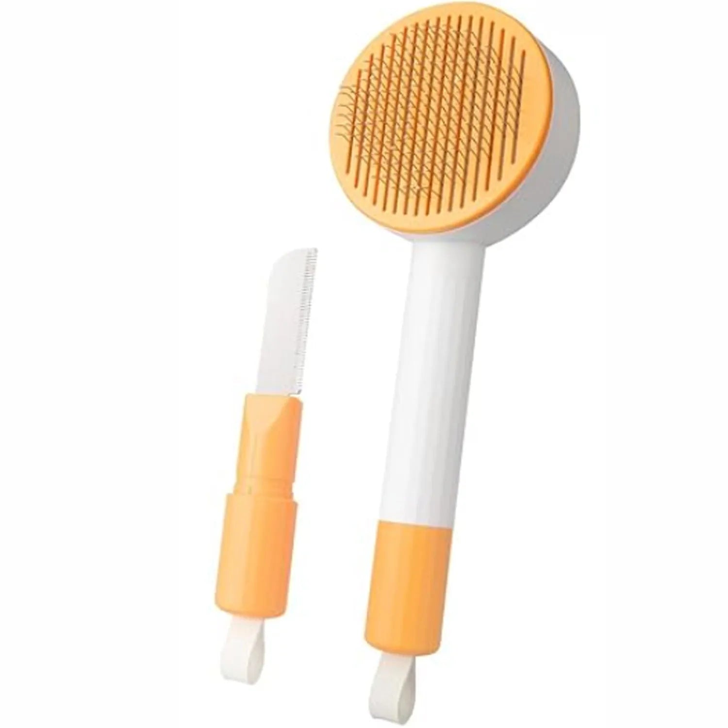 Green and yellow 2-in-1 pet grooming brush with stainless steel teeth and hanging loop.