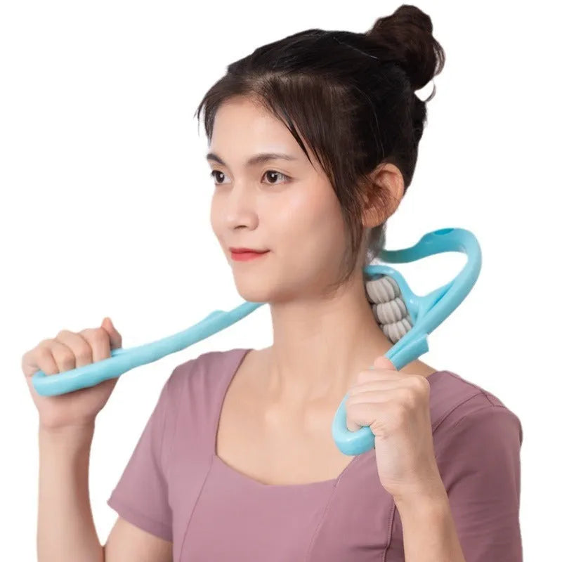 Blue plastic six-wheel massager for shoulders neck and waist tension relief
