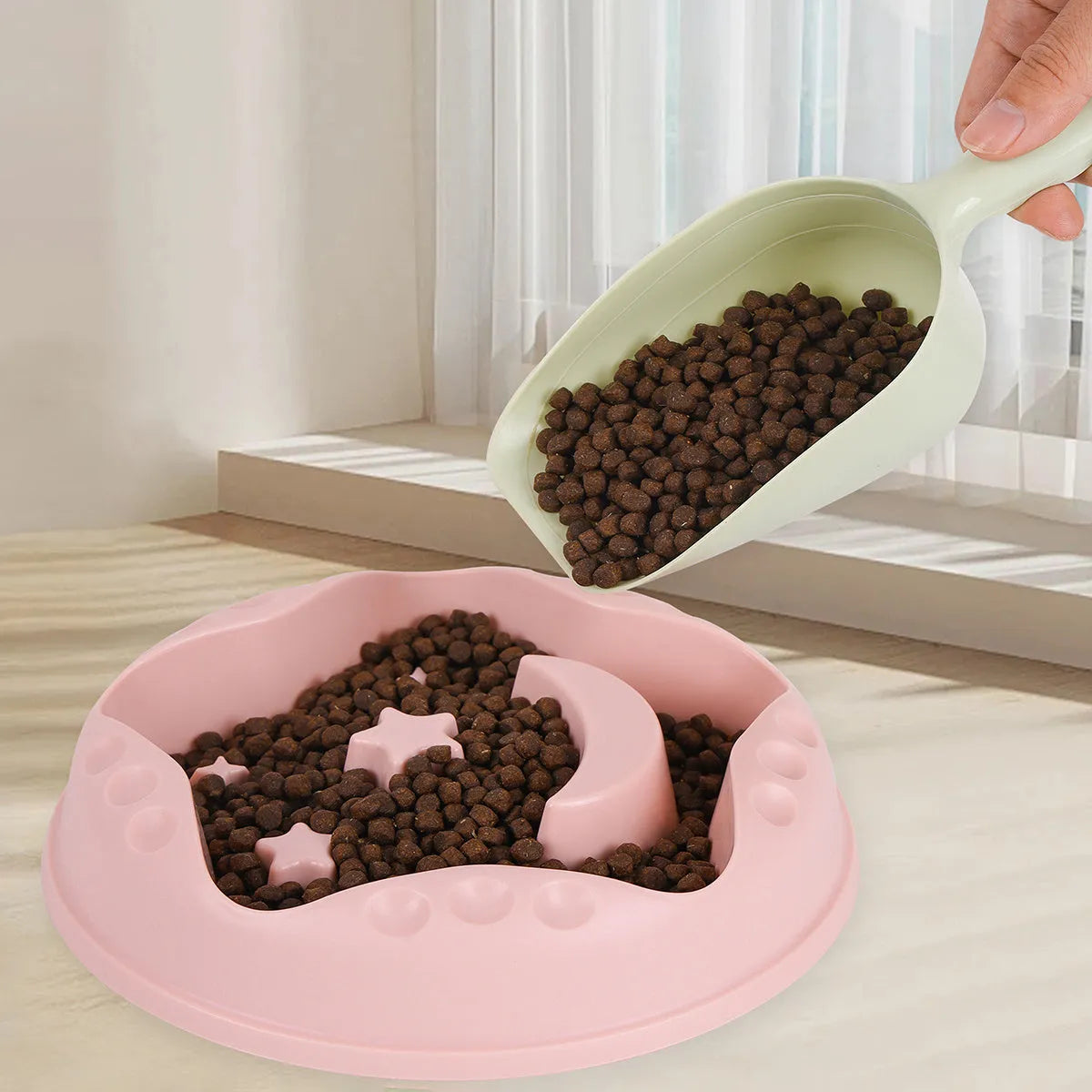 Moon and star design slow feed dog bowl in blue colour with non-slip silicone base