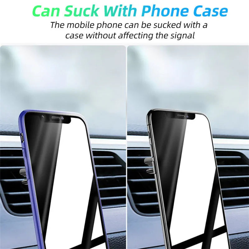 Magnetic car phone holder mounted on air vent with smartphone attached