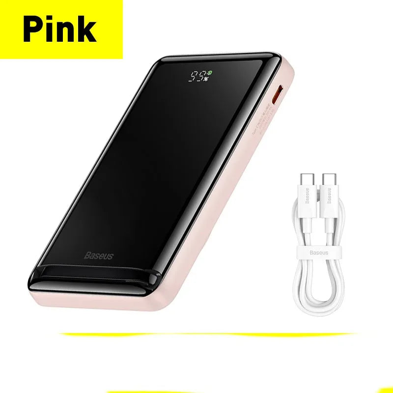 Blue 3-in-1 magnetic power bank with wireless charging capability showing compact dimensions