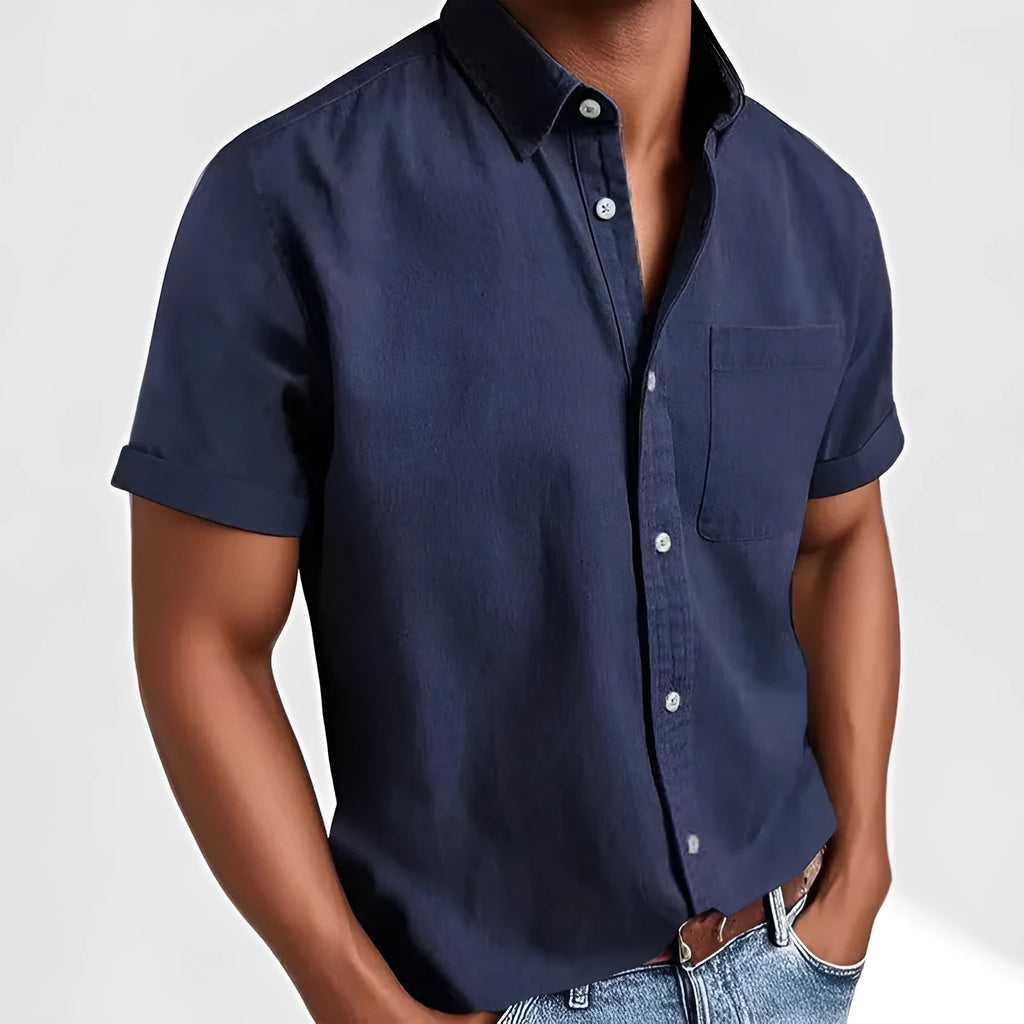 Men's single-breasted short sleeve shirt in loose cardigan style with cotton blend fabric