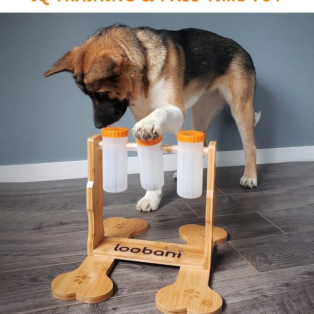 Natural wood colour dog puzzle toy measuring 31x30x20cm with treat dispensing mechanism