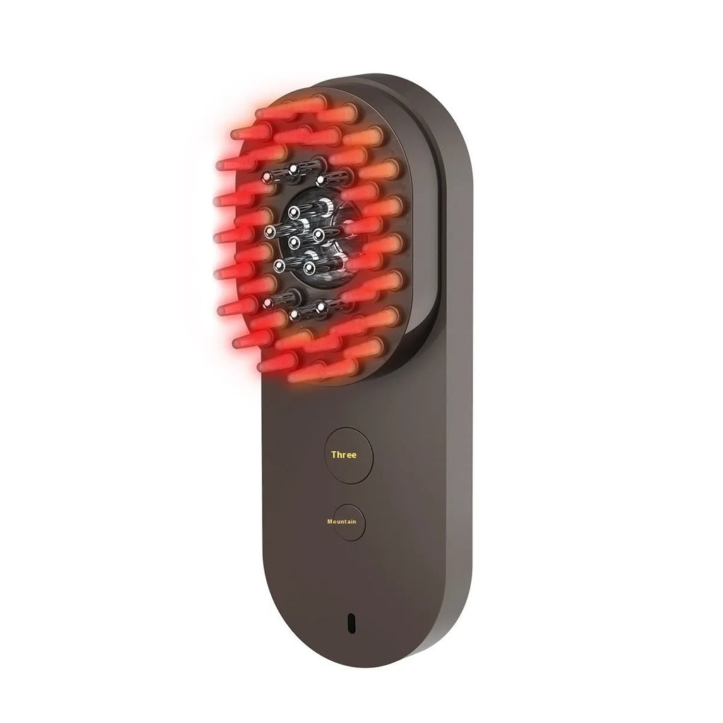 Black and pink smart massage comb with red light therapy function for scalp care.