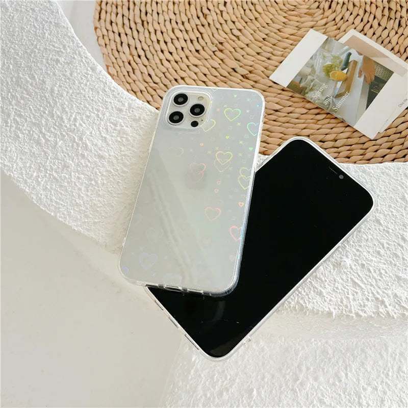 Transparent silicone iPhone case with laser colourful love design showing butterfly and clear colour options