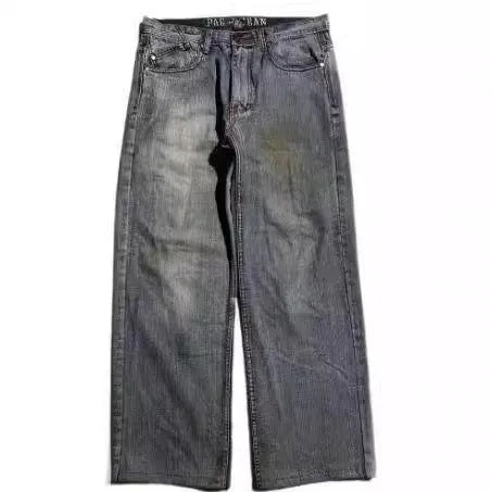 Men's grey wide-leg jeans with washed-out retro workwear design and straight-leg silhouette