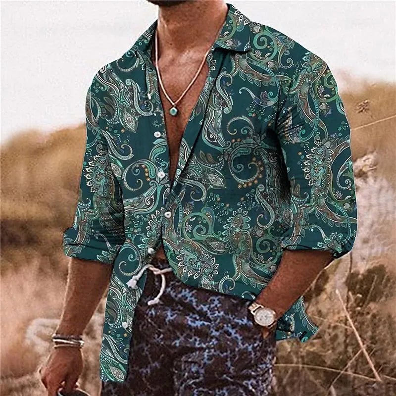 Men's loose fit shirt with 3D floral digital printing and long sleeves for business and casual wear
