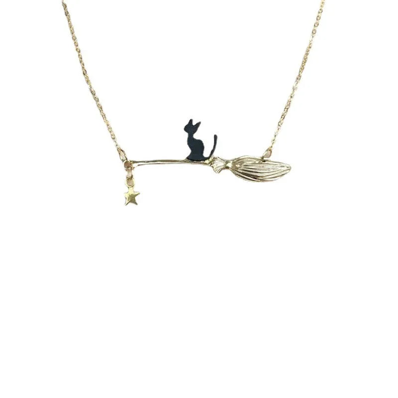 A lightweight alloy necklace with a simple black cat pendant, shown in gold and silver finish options.