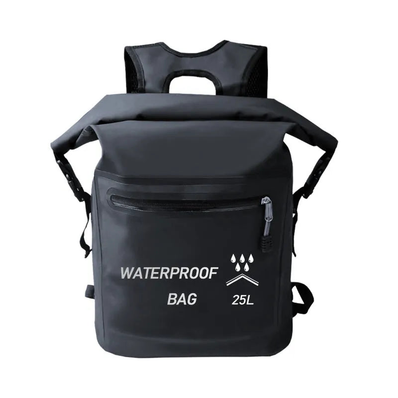 Black 25 litre waterproof outdoor backpack for swimming and rafting