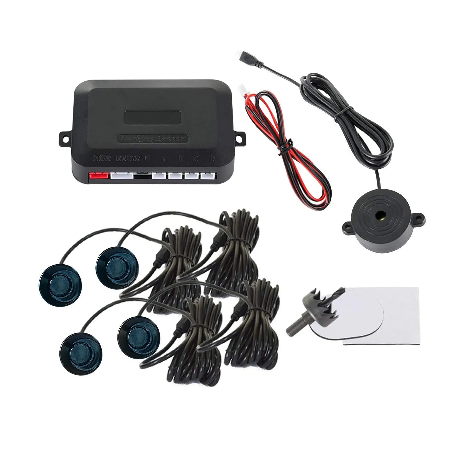 4-probe buzzer reversing radar system with sensors, control module, and installation tools for car parking safety