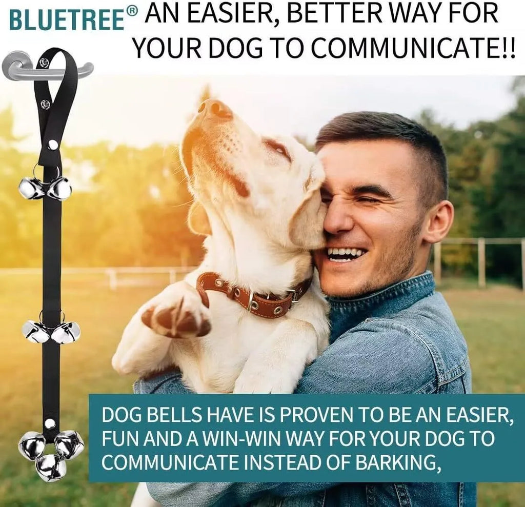 Silver metal dog training bells on an adjustable nylon leash hanging from a door handle