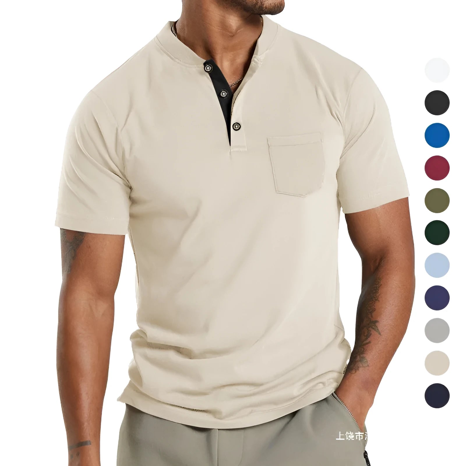 Plus size man modelling a solid colour short sleeve polyester shirt with a buttoned chest pocket.