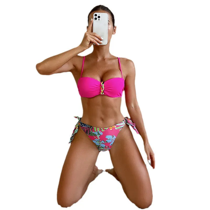 Rose red women's bikini swimsuit with braid rope detailing on top and bottom pieces