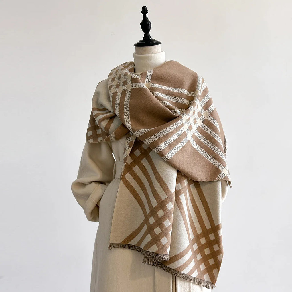 Imitation cashmere scarf in brown colour with tassels, measuring 185cm by 65cm