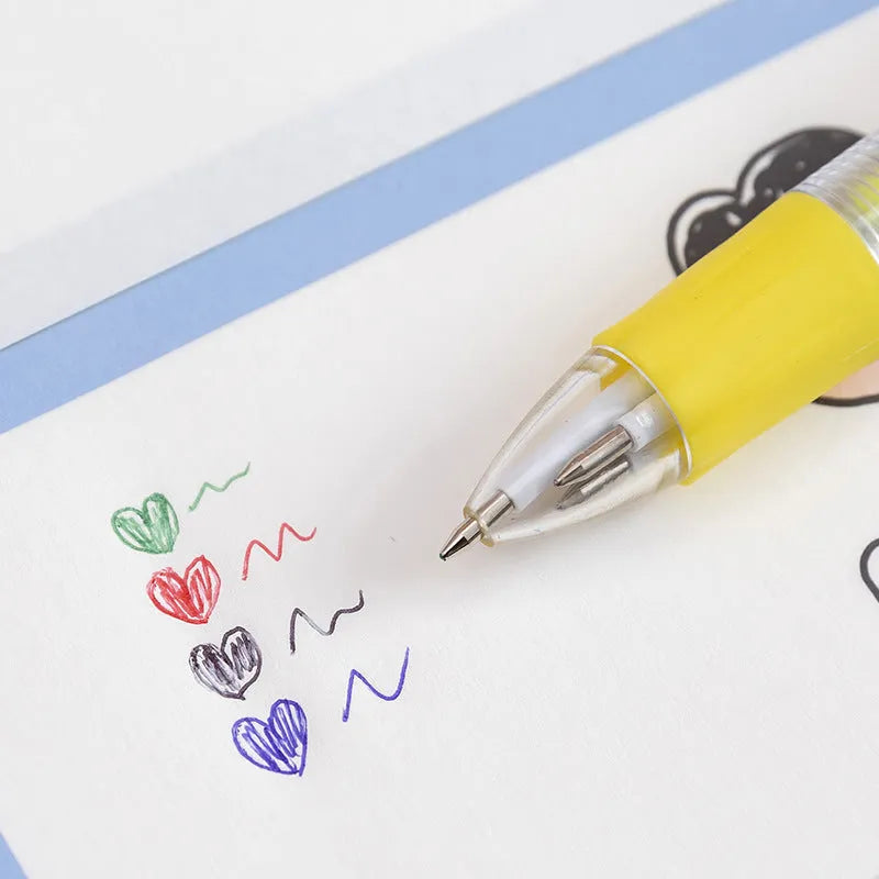 Four-colour press ballpoint pen with random cartoon design showing cactus, fast food, or fruit patterns