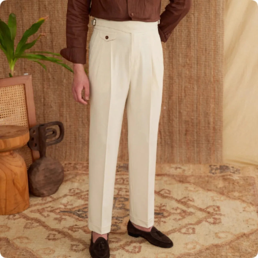 Slim fit straight leg business trousers for men in dark grey, light brown, and light apricot colours