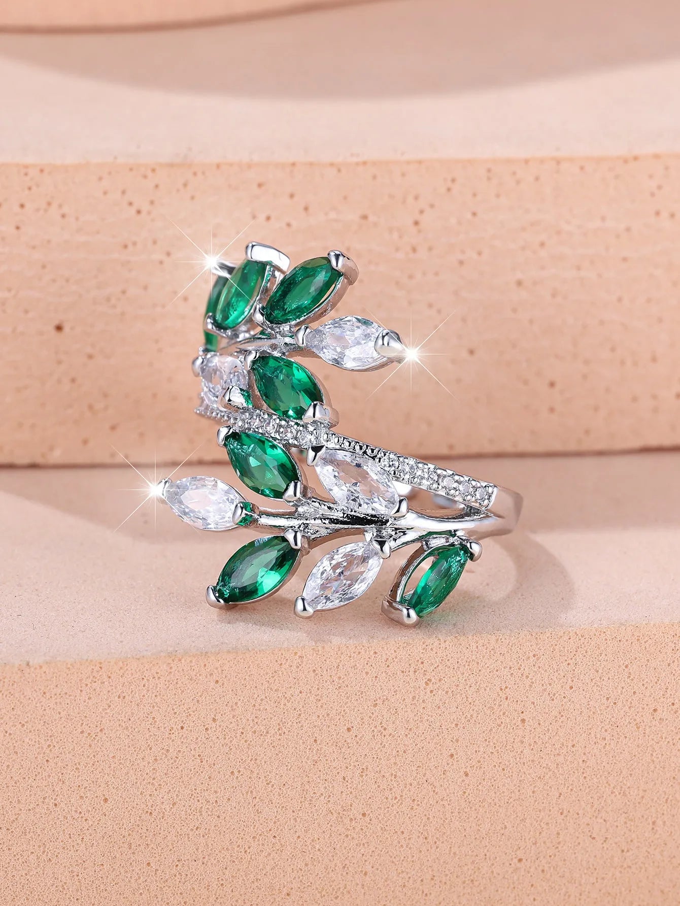 Adjustable copper leaf-shaped ring with zircon stones in multiple colour finish options