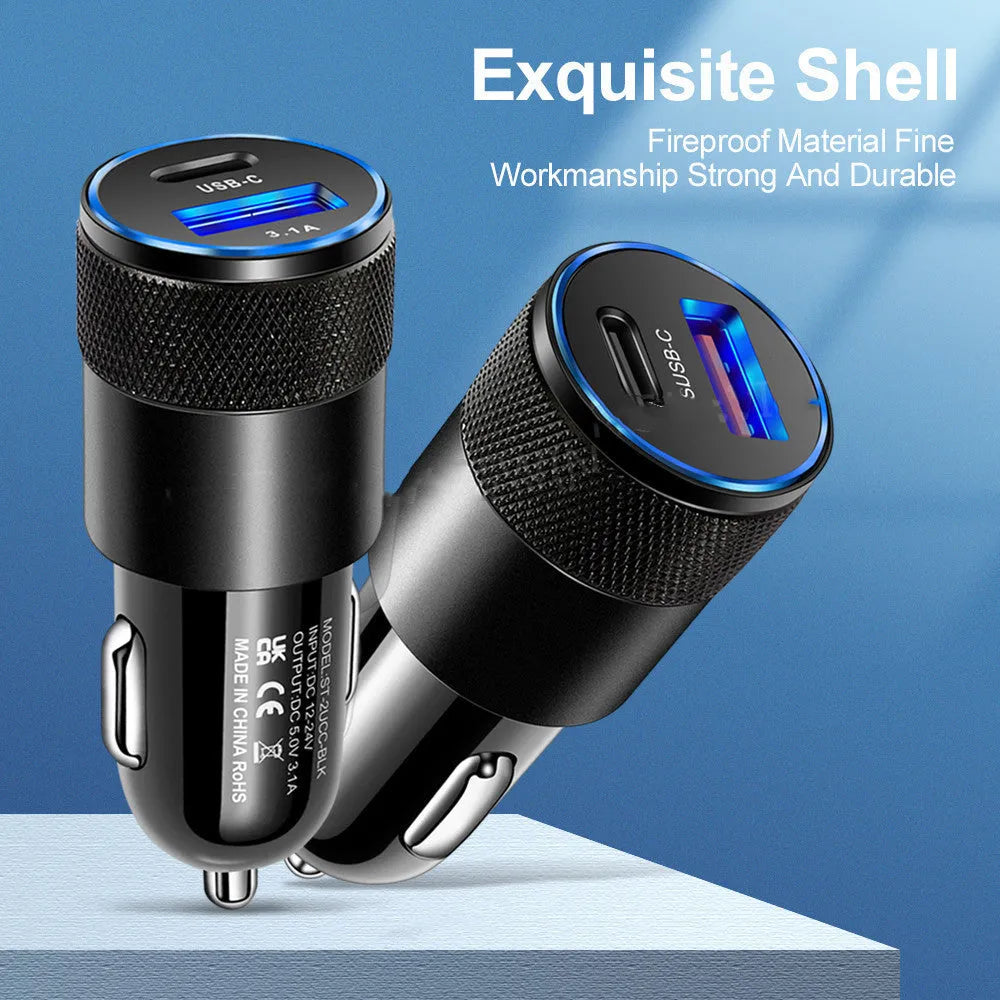 Aluminium alloy mobile phone car charger with ABS housing in black or black silver finish