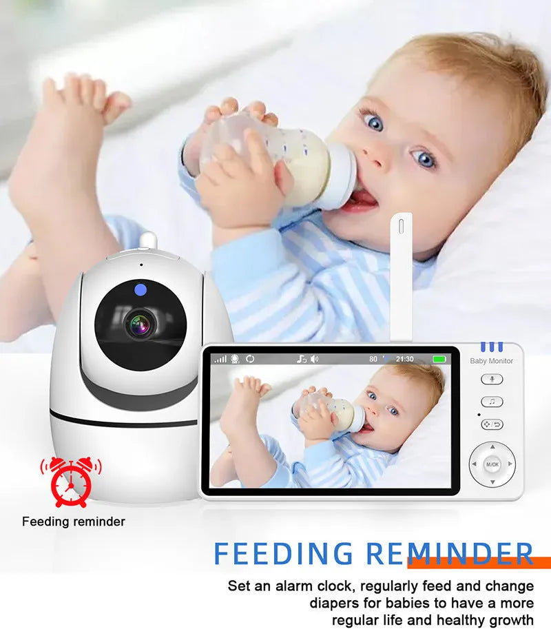 White HD wireless baby monitor with 5-inch screen showing baby room temperature display
