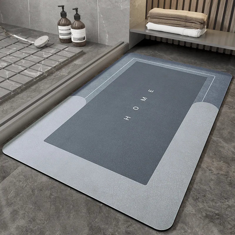 Cushioned blue oval bathroom floor mat on tiled flooring