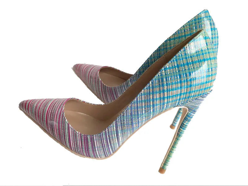 Pink blue gradient patent leather ladies heels with pointed toe and super high heel