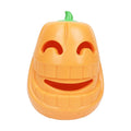 Orange Halloween pumpkin shaped durable rubber dog toy with a treat-dispensing funnel opening.