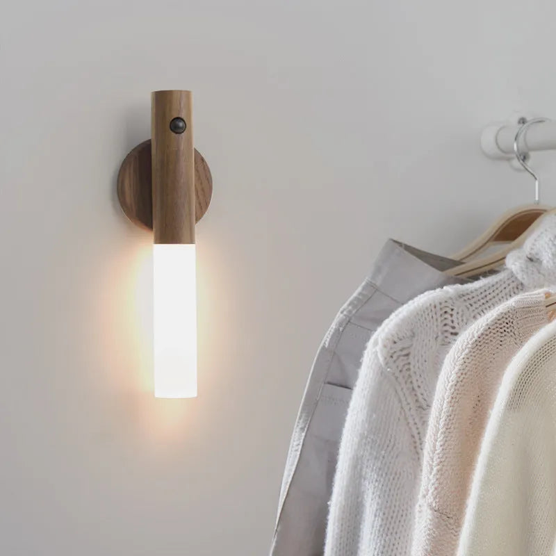 Smart sensor LED desk lamp with solid wood base showing compact design and warm white illumination