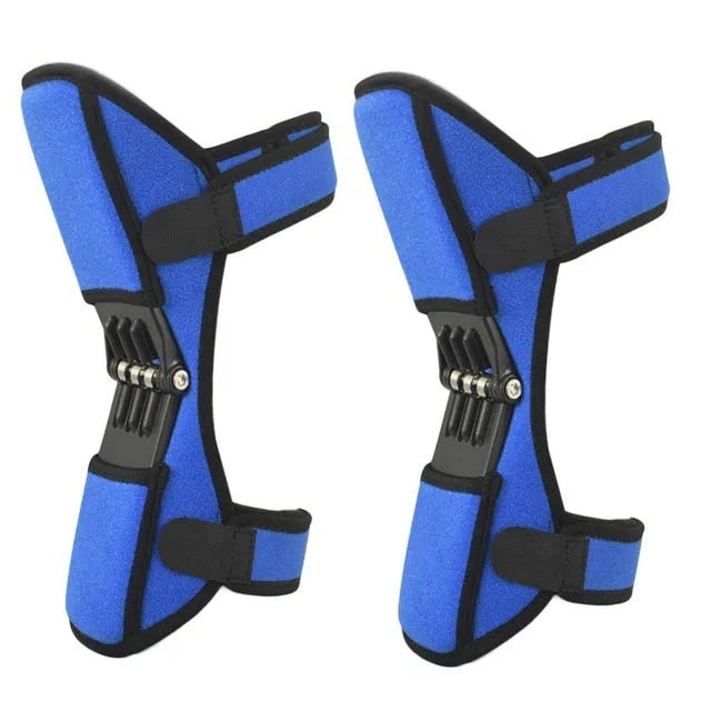 Black spring knee brace with adjustable straps on a grey background