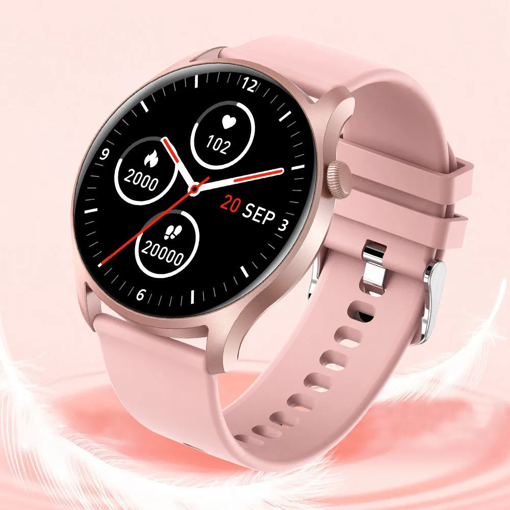 Smart watch with 1.3-inch screen showing heart rate display on silicone wristband