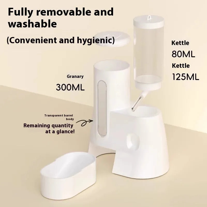 White automatic hamster drinking water feeder with integrated food basin on a stable base.