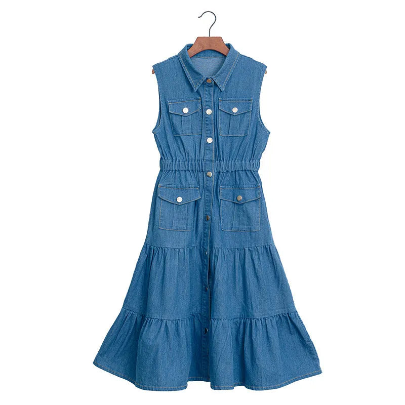 Blue denim blouse collar vest dress for girls with button front, cotton fabric, suitable for 120-170cm height