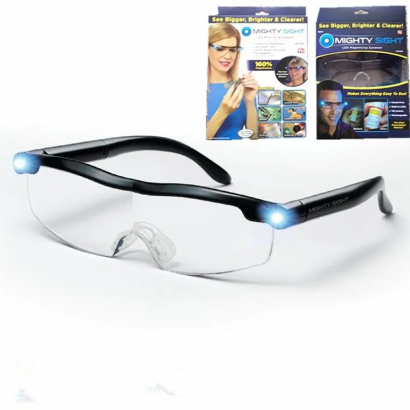 Transparent black USB LED light reading glasses with scheduled timer feature on a desk.