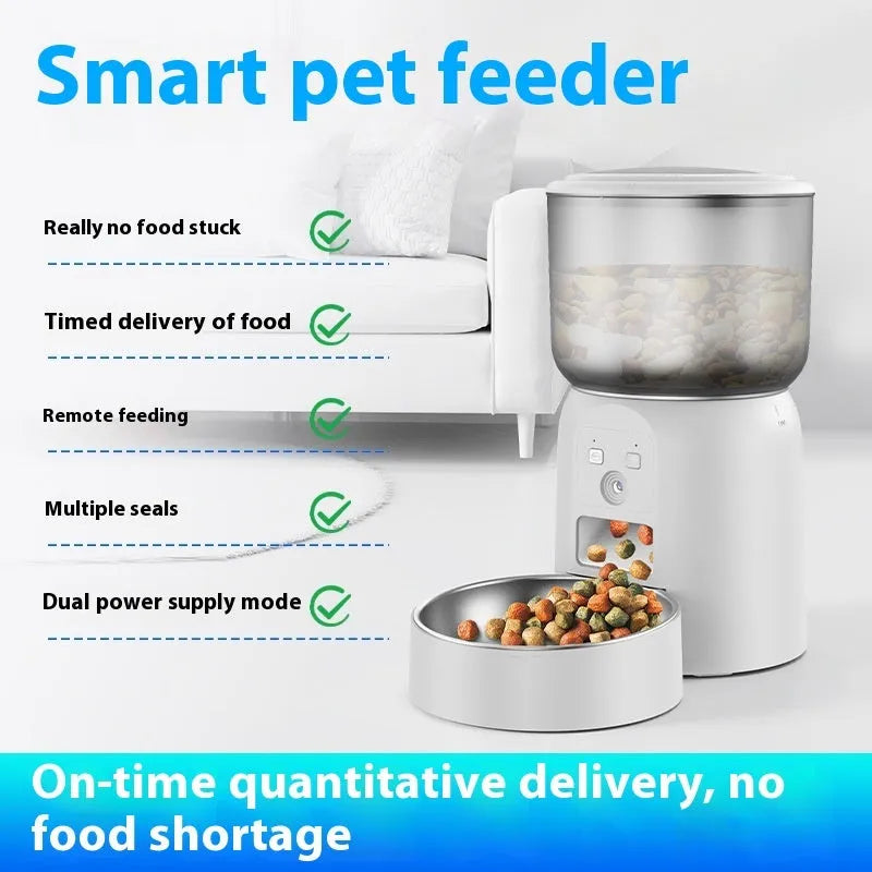 White Pet Intelligence automatic pet feeder with stainless steel food tray and moisture-proof design for dogs and cats