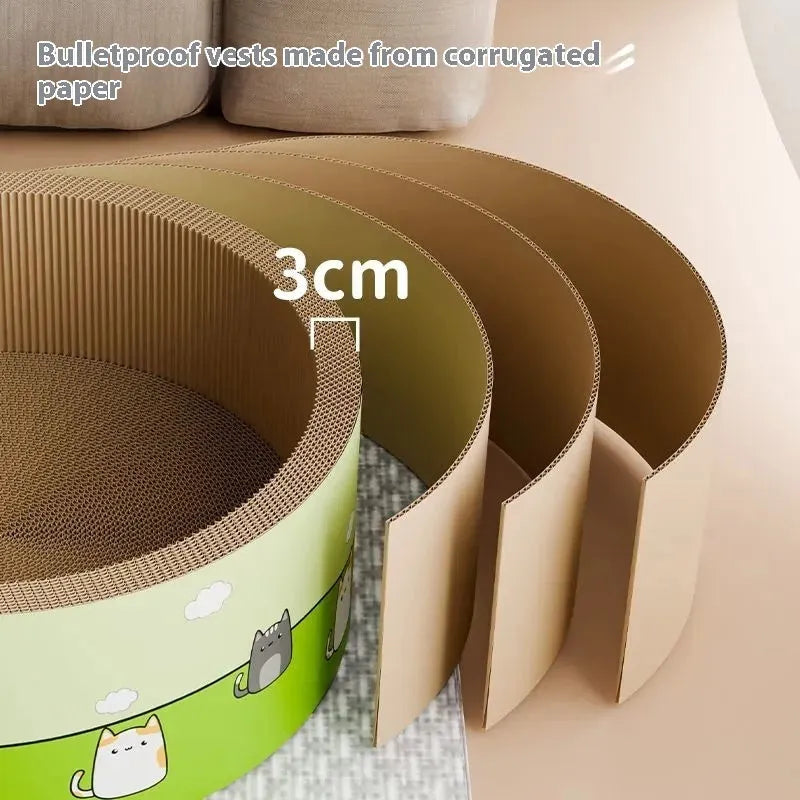 Large round cat scratch board made of brown corrugated paper in a deep pit design.
