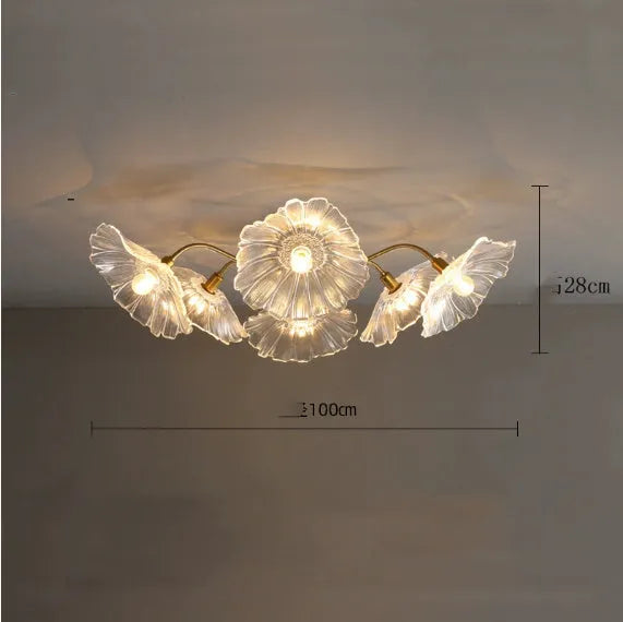Modern creative flower ceiling lamp with white or purple shades in five or six flower configuration