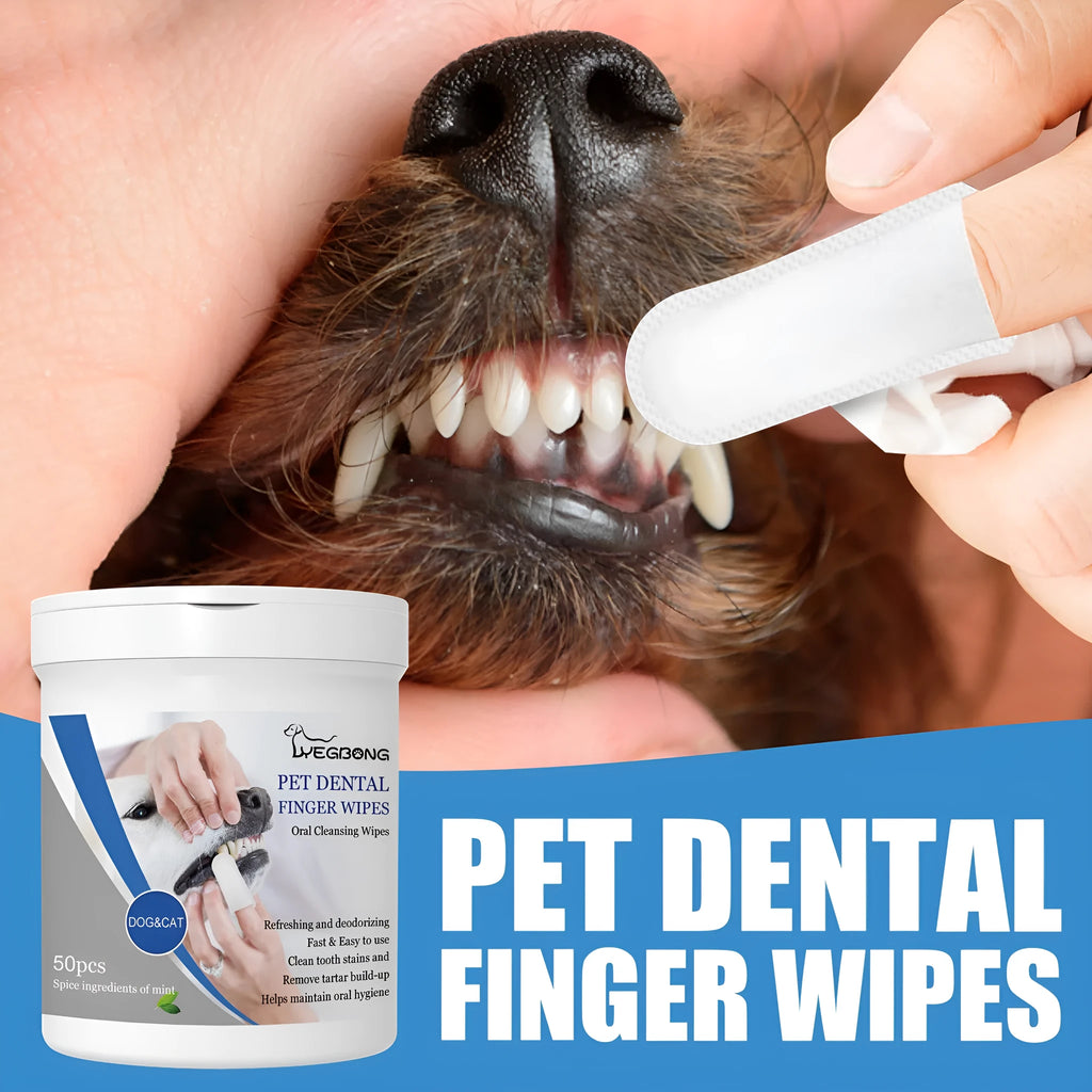 Can of dog teeth cleaning wipes with reusable silicone finger stall for dental care application