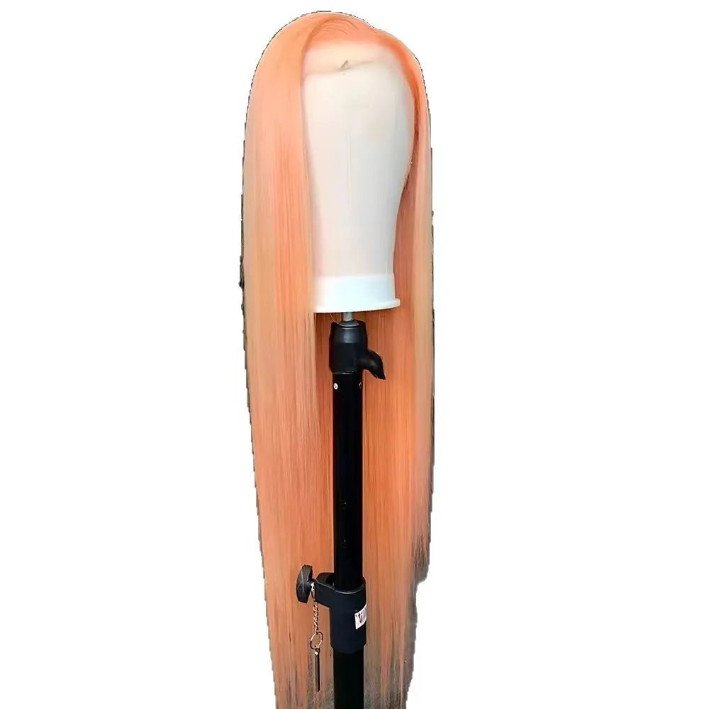 Light orange long straight front lace synthetic wig shown with side bangs