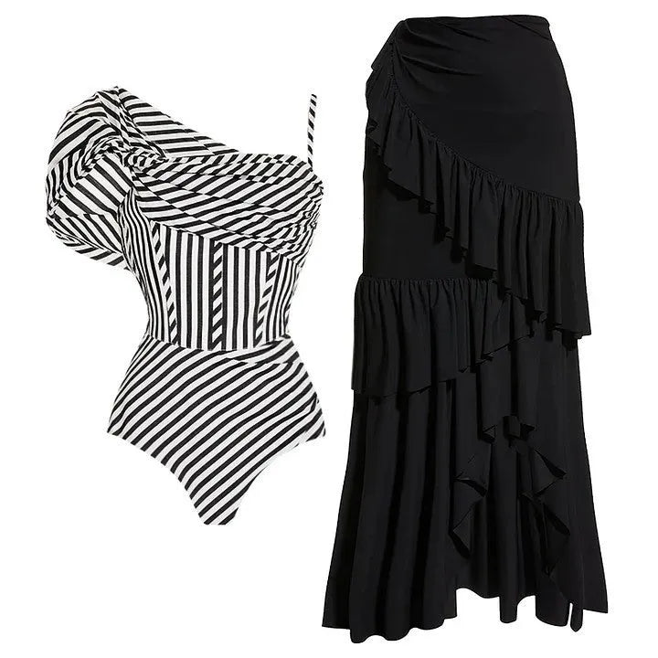 Women's ruffled striped one-piece swimsuit in polyester fabric with sleeveless design