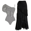 Women's ruffled striped one-piece swimsuit in polyester fabric with sleeveless design