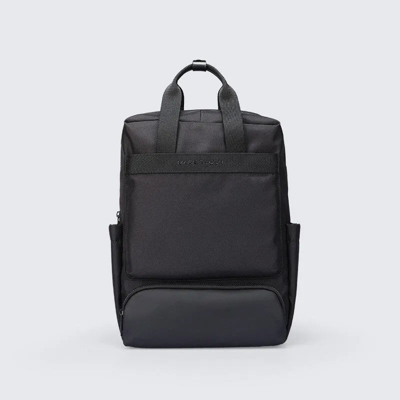 Elegant black Oxford cloth computer backpack with 20-35 litre capacity and polyester lining.